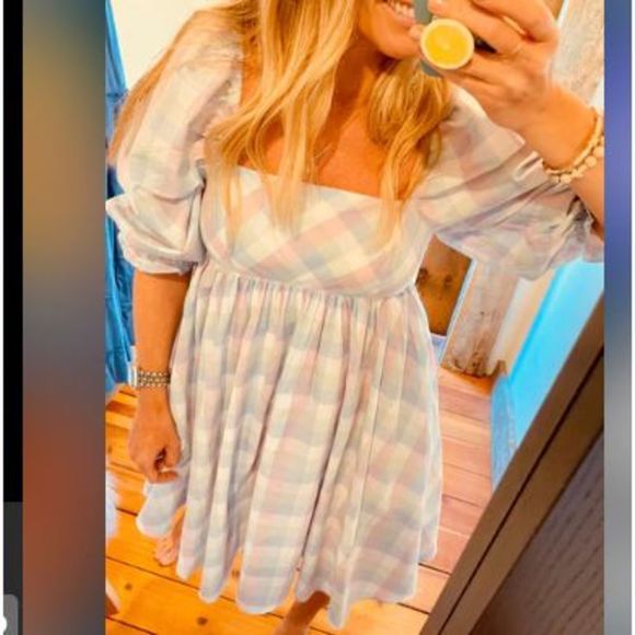 ✨NWT✨STORIA✨PASTEL PLAID PUFF-SLEEVEST BABYDOLL MINI DRESS - Picture 6 of 14